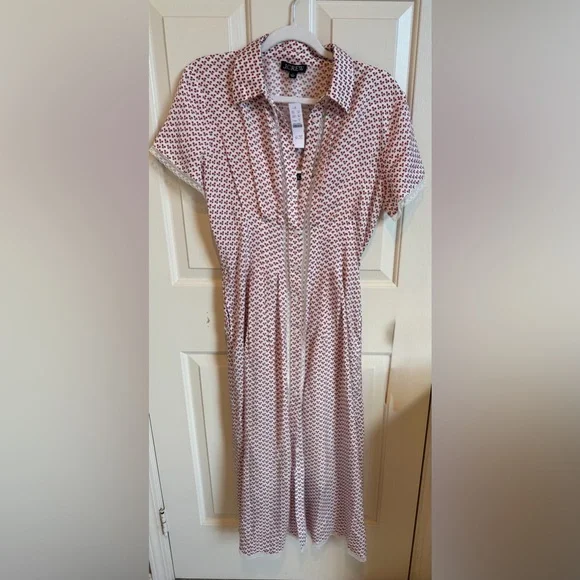 J Crew NWT Midi White w/ Tiny Red Flowers Short-Sleeve Shirt Dress. Size 6 - Picture 4 of 9